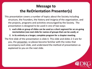 Message to  the ReOrientation Presenter(s)