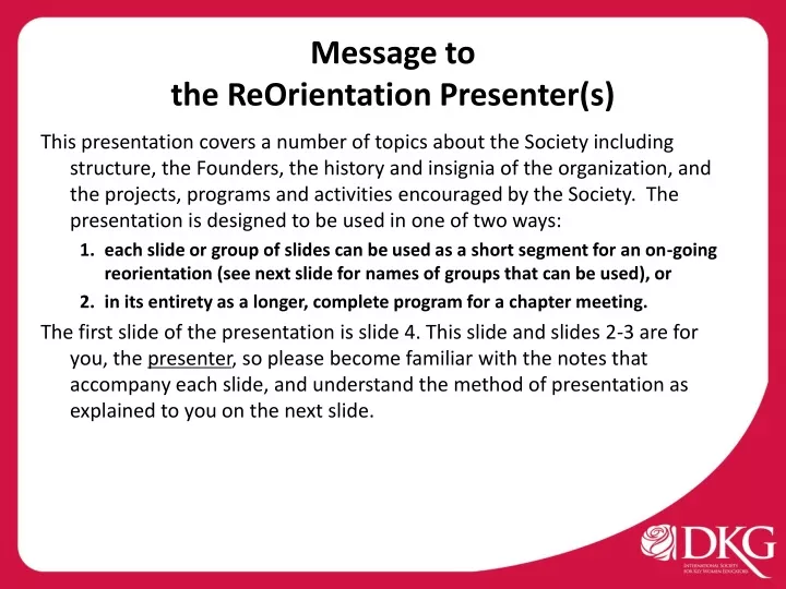 message to the reorientation presenter s
