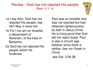 Review - God has not rejected His people Rom 11:1- 6