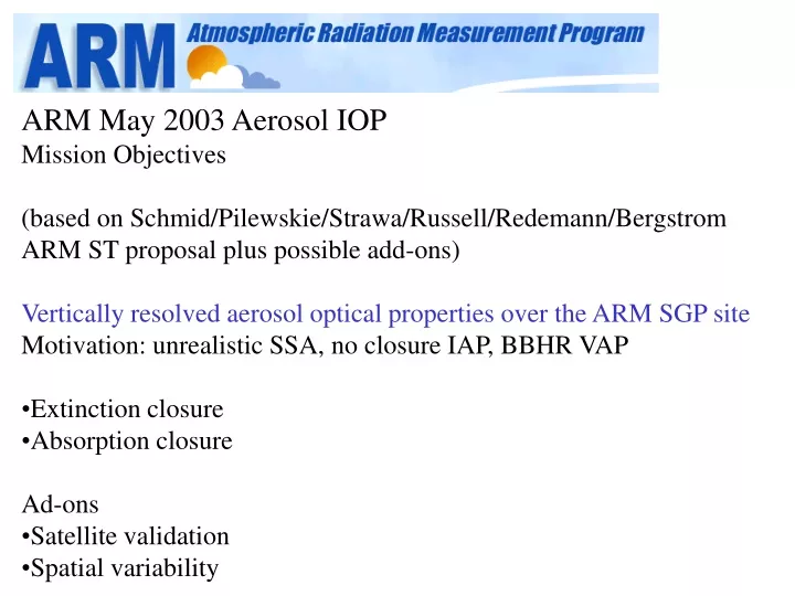 arm may 2003 aerosol iop mission objectives based