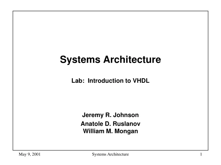 systems architecture lab introduction to vhdl