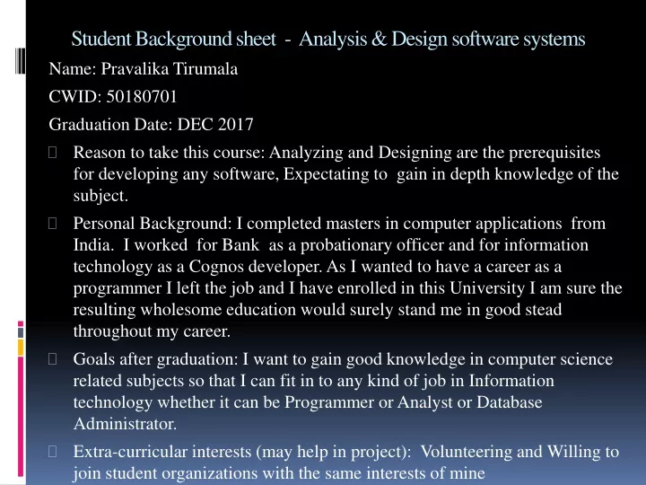 student background sheet analysis design software systems