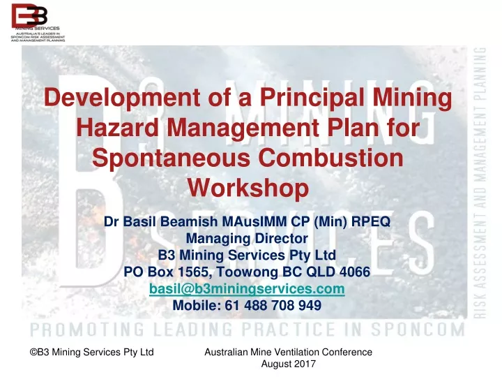 development of a principal mining hazard management plan for spontaneous combustion workshop