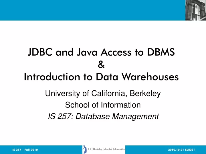 jdbc and java access to dbms introduction to data warehouses