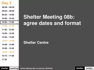 Shelter Meeting 08b: agree dates and format
