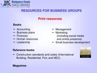 RESOURCES FOR BUSINESS GROUPS