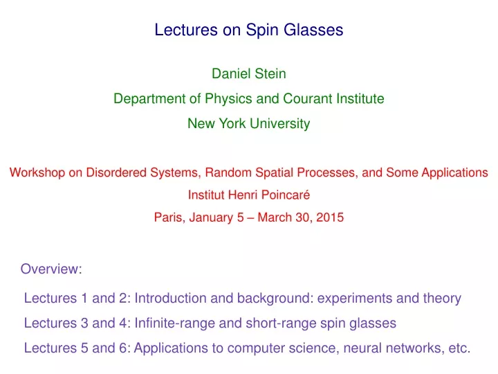 lectures on spin glasses