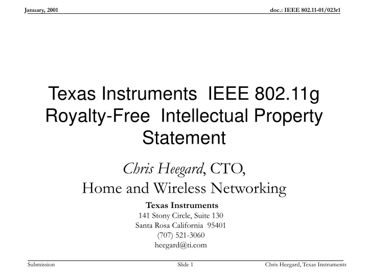 texas instruments ieee 802 11g royalty free intellectual property statement