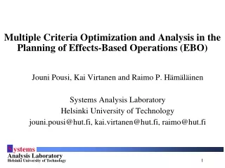 Multiple Criteria Optimization and Analysis in the Planning of Effects-Based Operations (EBO)