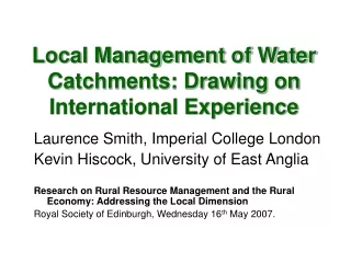 Local Management of Water Catchments: Drawing on International Experience