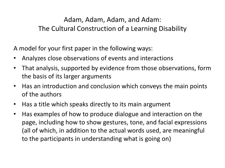 adam adam adam and adam the cultural construction of a learning disability