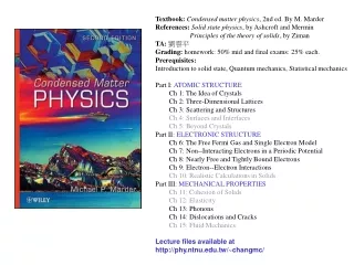 Textbook:  Condensed matter physics , 2nd ed. By M. Marder