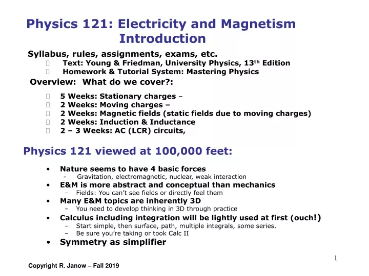 physics 121 electricity and magnetism introduction