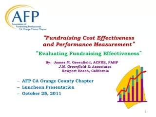 “ Fundraising Cost Effectiveness and Performance Measurement ”