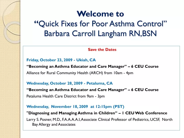welcome to quick fixes for poor asthma control barbara carroll langham rn bsn