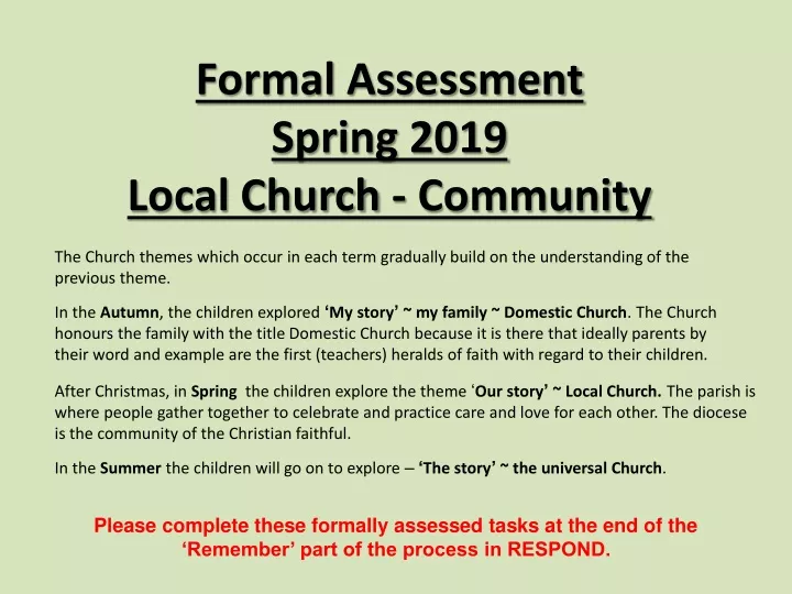 formal assessment spring 2019 local church community