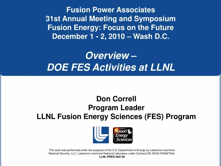 don correll program leader llnl fusion energy sciences fes program
