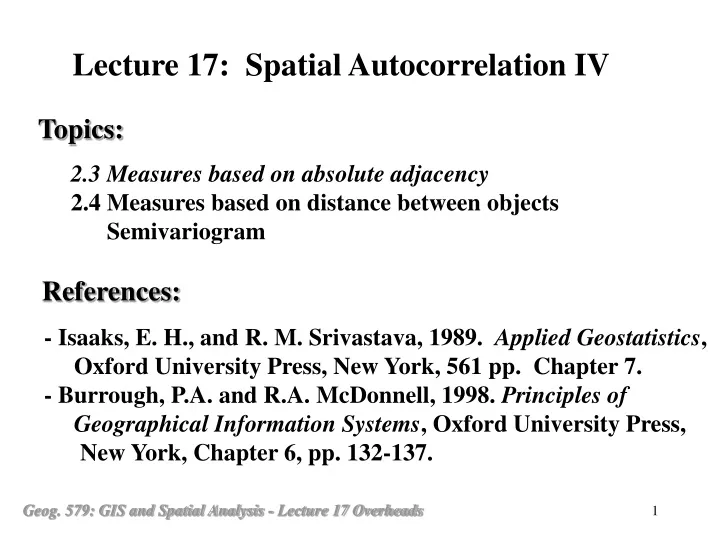 lecture 17 spatial autocorrelation iv
