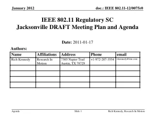 IEEE 802.11 Regulatory SC Jacksonville DRAFT Meeting Plan and Agenda