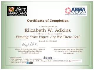 Certificate of Completion is hereby granted to Elizabeth W. Adkins