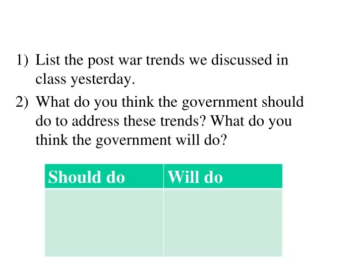 list the post war trends we discussed in class
