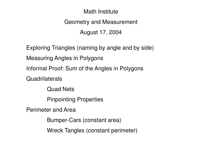 math institute geometry and measurement august