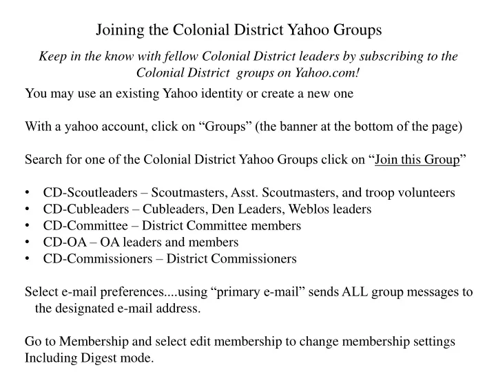joining the colonial district yahoo groups