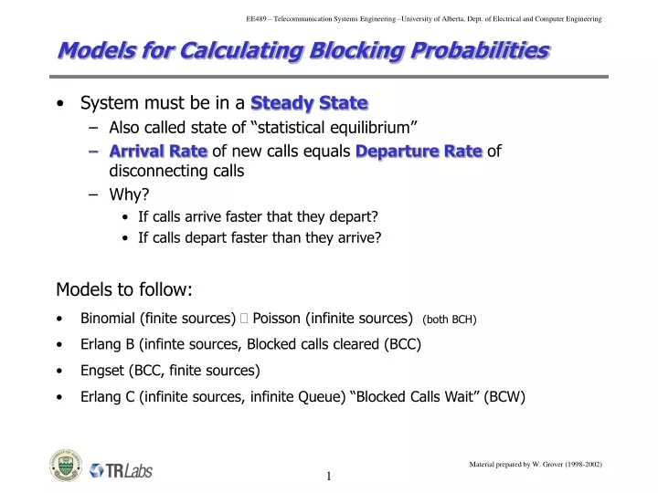 models for calculating blocking probabilities