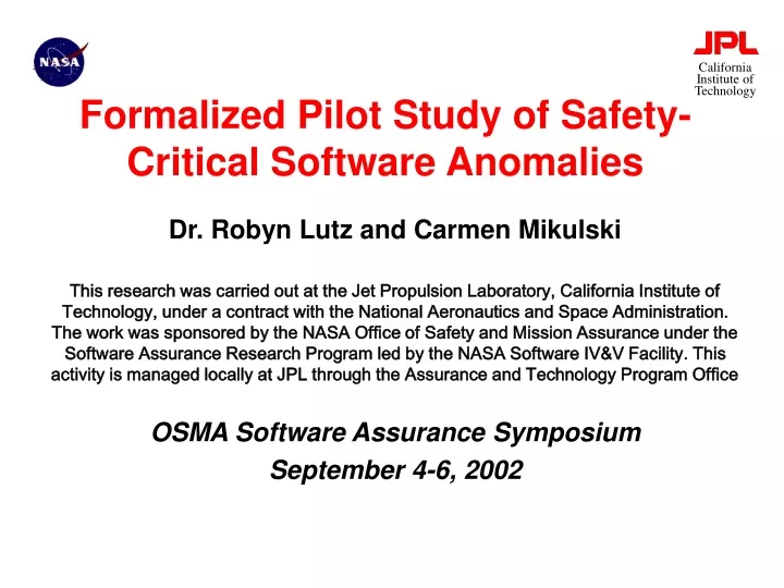 formalized pilot study of safety critical software anomalies