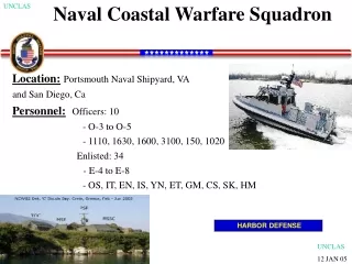Naval Coastal Warfare Squadron  Location: Portsmouth Naval Shipyard, VA  and San Diego, Ca