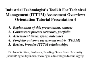 Industrial Technologist’s Toolkit For Technical  Management (ITTTM) Assessment Overview: