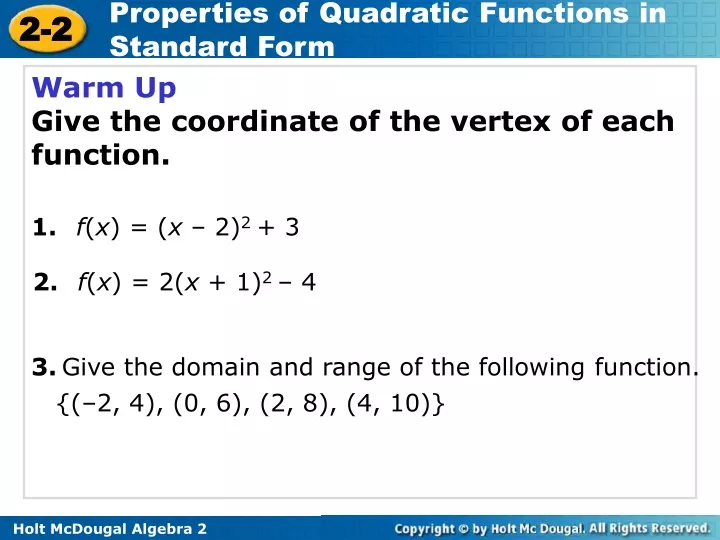 warm up give the coordinate of the vertex of each