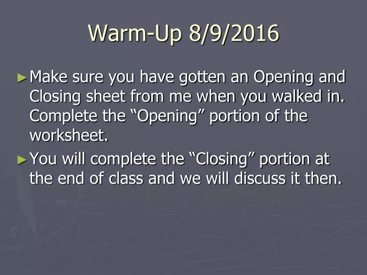 warm up 8 9 2016