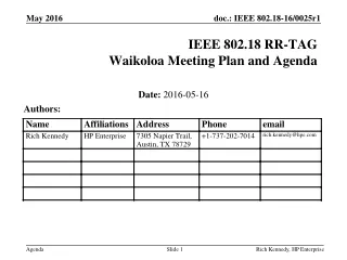 IEEE 802.18 RR-TAG Waikoloa Meeting Plan and Agenda