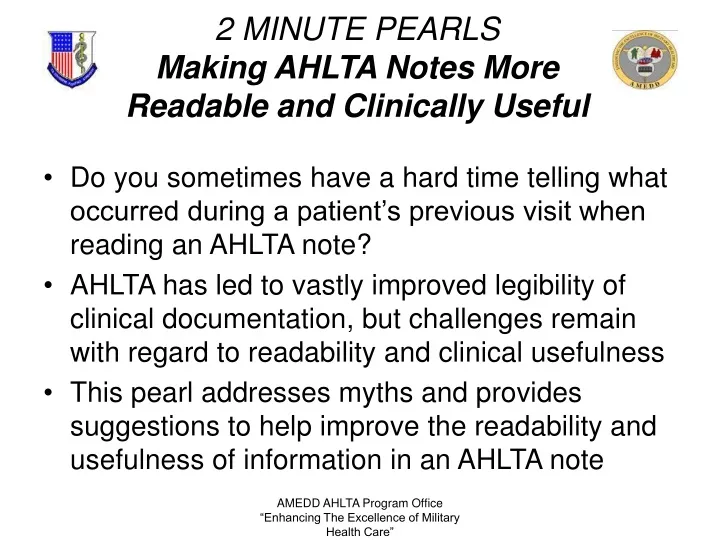 2 minute pearls making ahlta notes more readable and clinically useful