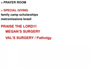 &gt; PRAYER ROOM &gt; SPECIAL GIVING  family camp scholarships metromissions brasil PRAISE THE LORD!!!