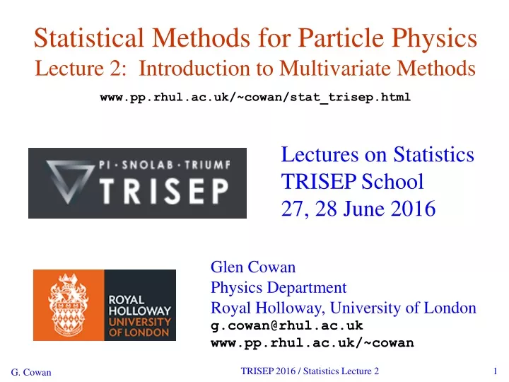statistical methods for particle physics lecture 2 introduction to multivariate methods