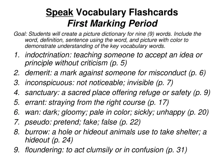 speak vocabulary flashcards first marking period