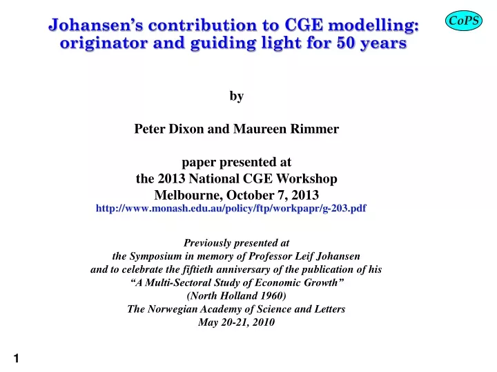 johansen s contribution to cge modelling originator and guiding light for 50 years