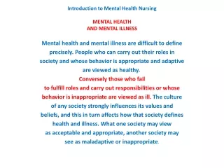 Introduction to Mental Health Nursing  MENTAL HEALTH AND MENTAL ILLNESS