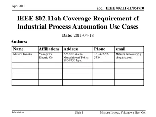 IEEE 802.11ah  Coverage Requirement of Industrial  Process Automation  Use Cases