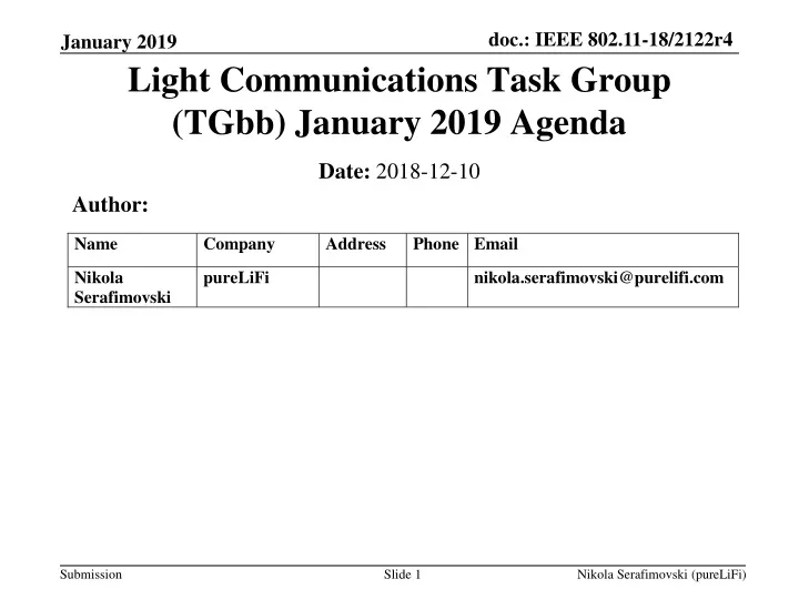 light communications task group tgbb january 2019 agenda