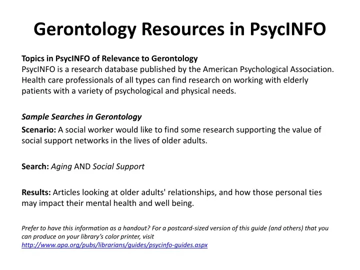 gerontology resources in psycinfo