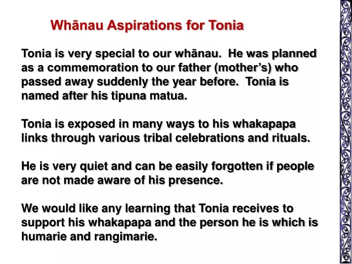 wh nau aspirations for tonia