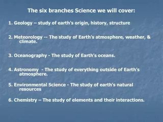 The six branches Science we will cover: