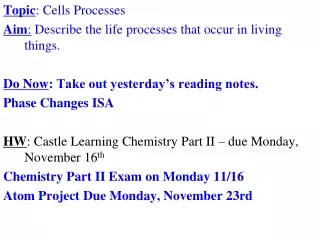 Topic : Cells Processes Aim :  Describe the life processes that occur in living things.