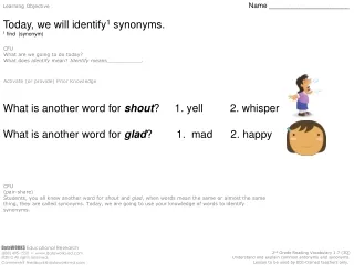 Learning Objective Name _____________________ Today, we will identify 1  synonyms.