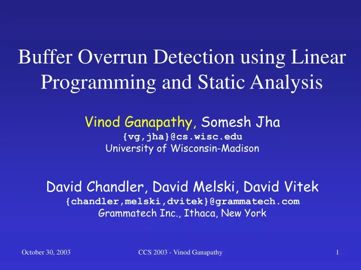 buffer overrun detection using linear programming and static analysis