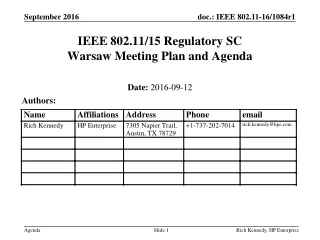 IEEE 802.11/15 Regulatory SC Warsaw Meeting Plan and Agenda