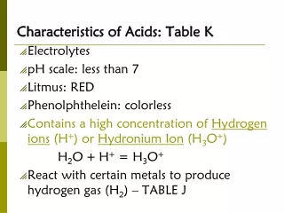 Characteristics of Acids: Table K Electrolytes pH scale: less than 7 Litmus: RED